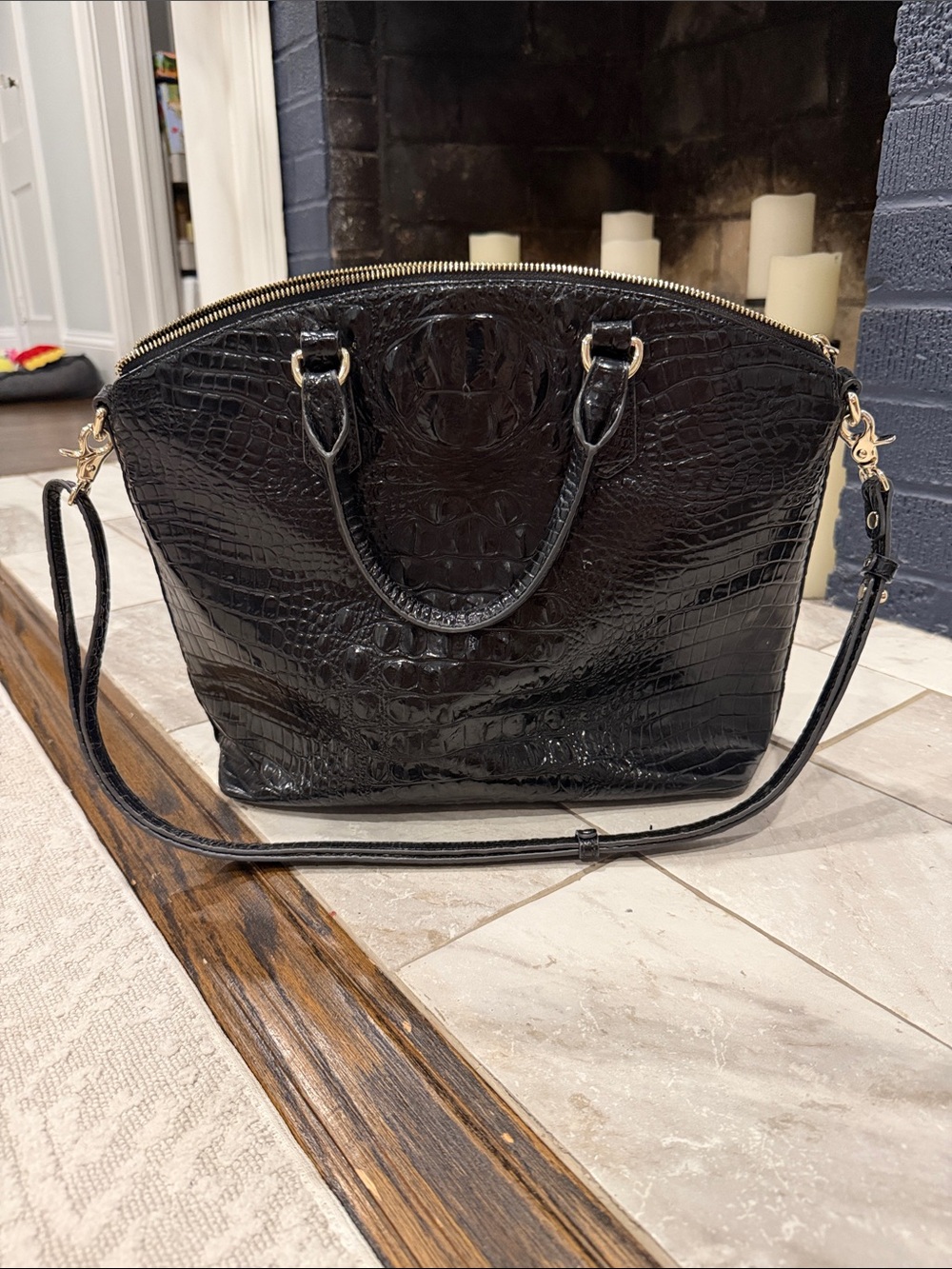 Brahmin Black Croc-Embossed Satchel with Detachable Strap